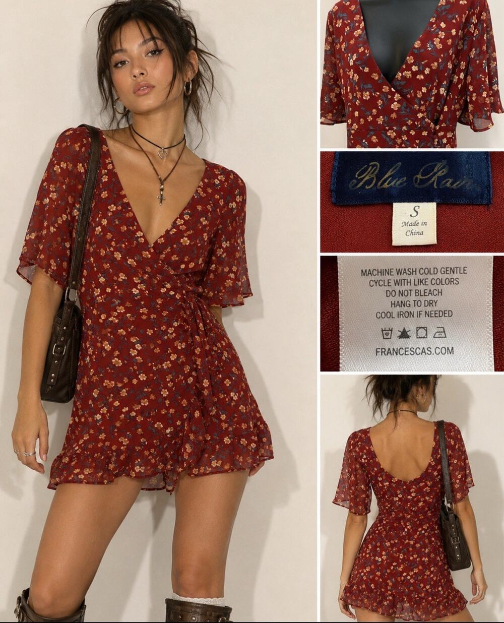 Boho Whimsical Blue Rain Women's Rust Red Floral Ruffle Mini Dress Size S Y2K